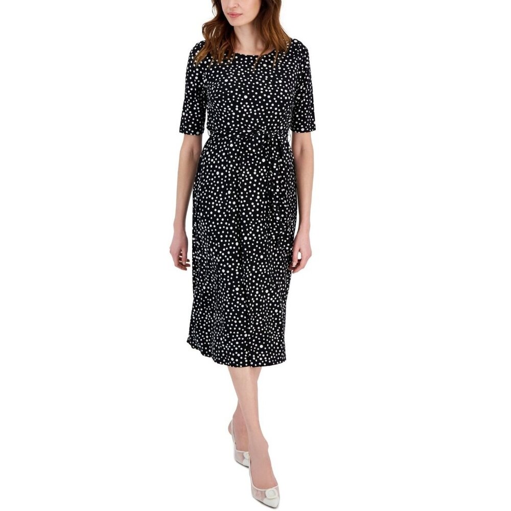 Kasper Petite Dot-Print Fit & Flare Midi Dress Black White Size 4P MSRP $89
